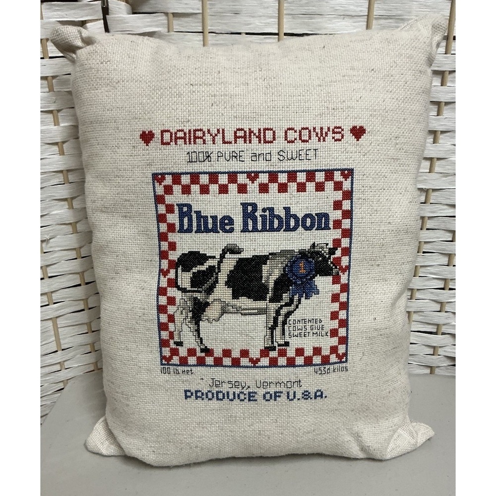 Vintage Dairyland Cows Blue Ribbon Pillow Cross Stitch Feed Sack Style 12x15